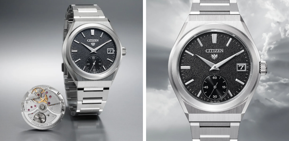 годинник Citizen Caliber 0210 Date - чорний із механізмом поруч