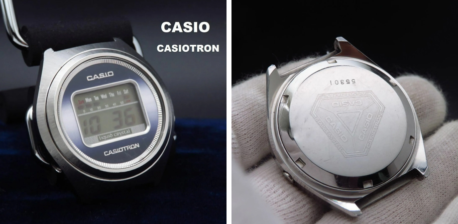 Перший годинник Casio Casiotron QW02 (ліворуч) і його задня кришка (праворуч)