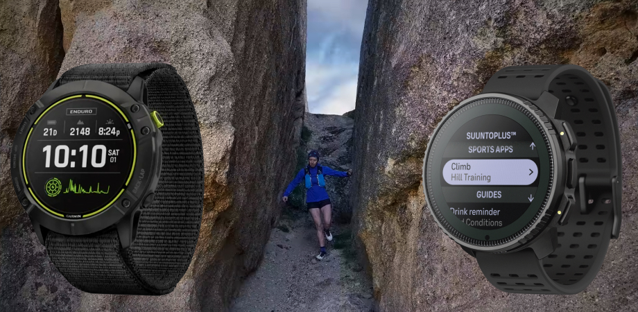 смартгодинники Suunto Vertical Titanium Solar і Garmin Enduro 2 на тлі ущелини