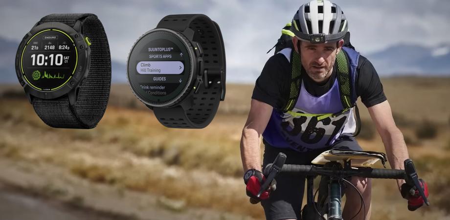 смартгодинники Suunto Vertical Titanium Solar і Garmin Enduro 2 і велосипедист