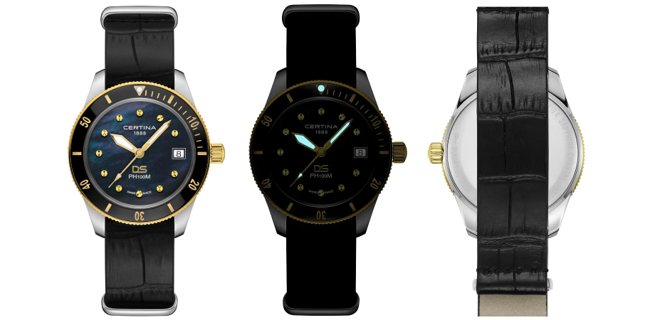 годинник Certina DS PH100M Lady спереду, ззаду, в темряві
