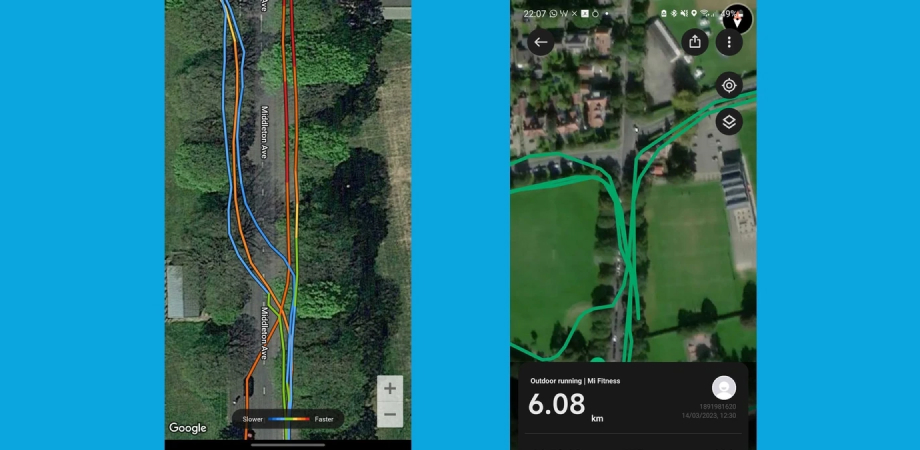 Сравнение GPS трекинга: FR265 (слева), Xiaomi Watch S1 Pro (справа)