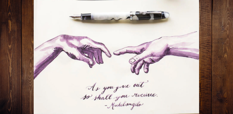 Малюнок дотичних рук фіолетовим чорнилом для перової ручки